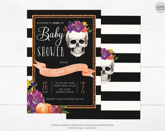 Watercolor Skull Baby Shower Invitation Card - DIY Printable Party - Fall Baby Shower Invite - Little Pumpkin - Halloween Costume Party