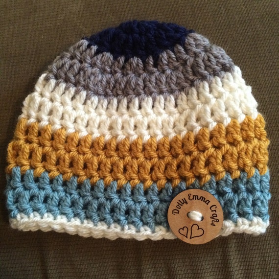 Crocheted hat Baby Hat Navy Blue Grey Mustard & White
