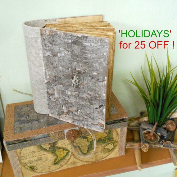 Vintage style journal with birch bark and/or linen fabric hard covers