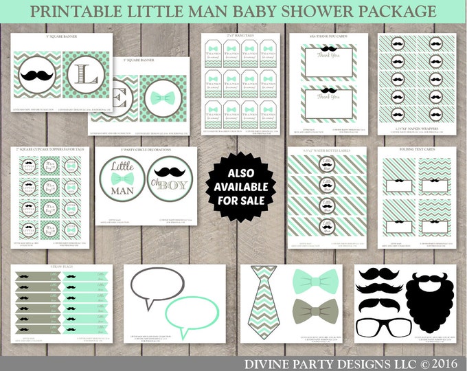 SALE INSTANT DOWNLOAD Printable Little Man Mustache Mint and Grey Water Bottle Labels / Wrappers / Little Man Collection / Item #1306