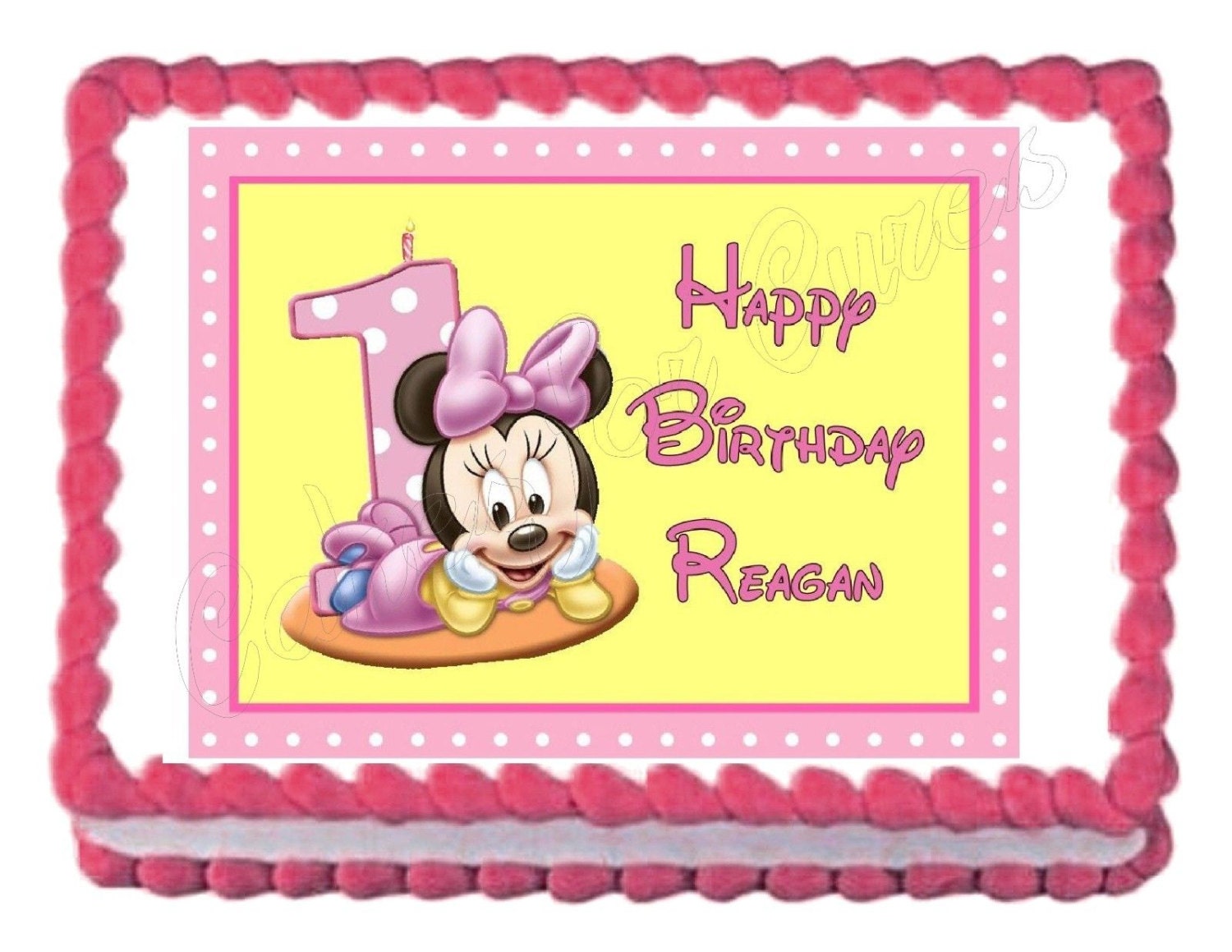 Baby Minnie Mouse first or second birthday edible cake image