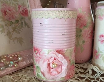 Roses Decoupage Shabby Chic Pink Tin Can Vanity Boudoir Romantic Victorian Style Home Office Dorm Nursery Decor Gift Sandra Lee Collection
