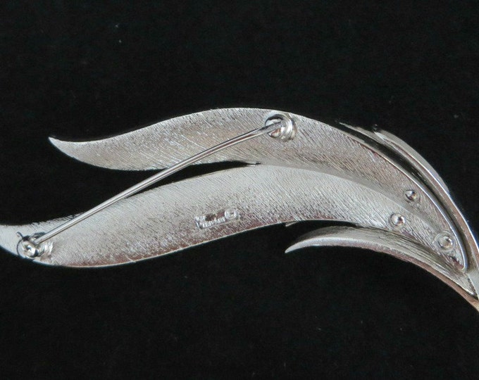 Trifari Leaf Brooch, Vintage Silver Tone Curved Leaf Matte Finish Signed Trifari Pin