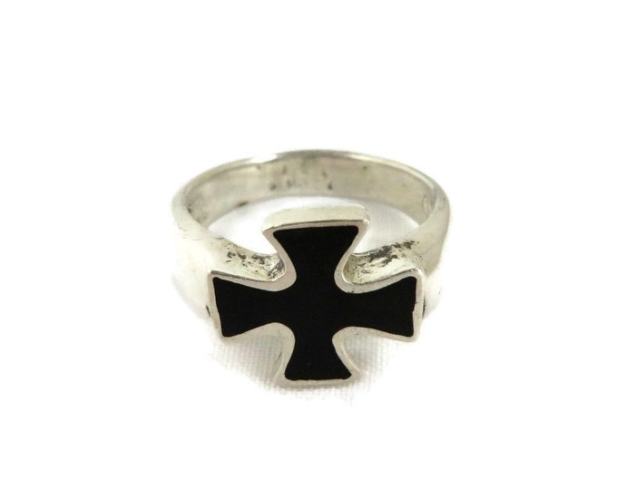 Men's Black and Silver Cross Ring, Vintage Black Enamel and Sterling Silver Ring, Size 11