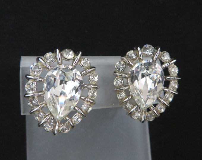 Bridal Earrings, Crown Trifari Rhinestone Earrings, Vintage Bridal Jewelry, Pear Shaped Silver Tone Clip ons, Perfect Gift, Gift Box