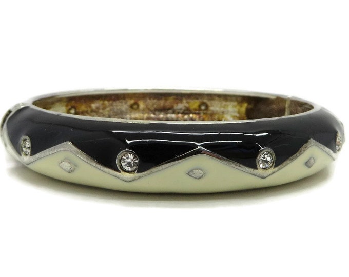 Black Cream Rhinestone Studded Clamper Bracelet, Vintage Hinged Enameled Bangle