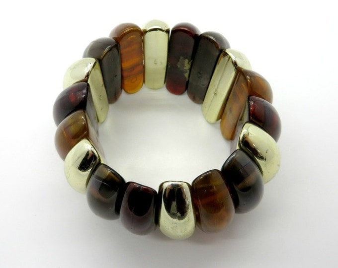 ON SALE! Amber Lucite Bracelet, Vintage Expansion Bracelet, Tortoise Shell, Amber, Silvertone Bracelet, Chunky Bracelet