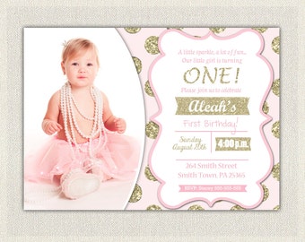 Pink and Gold Birthday Invitation Polka Dots Glitter Princess First Birthday Invite 1st Baby Girl Digital Custom Pink and Gold Invites