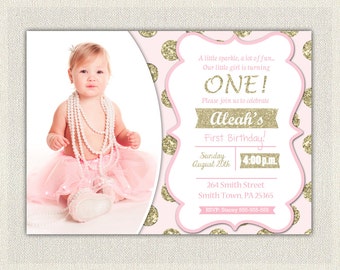 First Birthday Invitation Gold and Pink Princess Invitations