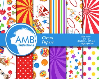 Circus digital papers, Carnival Papers, Circus scrapbook papers, Clowns, Circus animals, Birthday Party, commercial use, AMB-1159