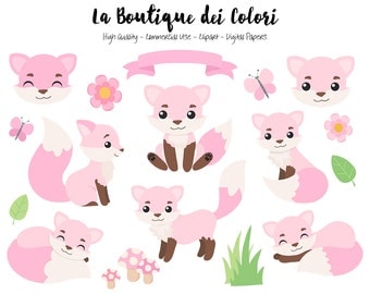 Pink Fox Clipart, Cute Digital Graphics PNG, Girly Foxes, Autumn, Forest, Girl Woodland Animals Clip art, Planner Stickers Commercial Use