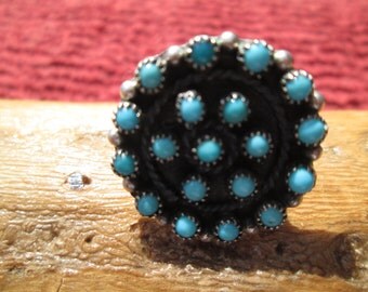 Vintage Petit Point Turquoise and Sterling Silver Ring Size 6.75