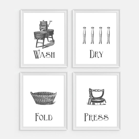 Laundry Room Wall Art Print 'Wash Dry Fold Press' Set