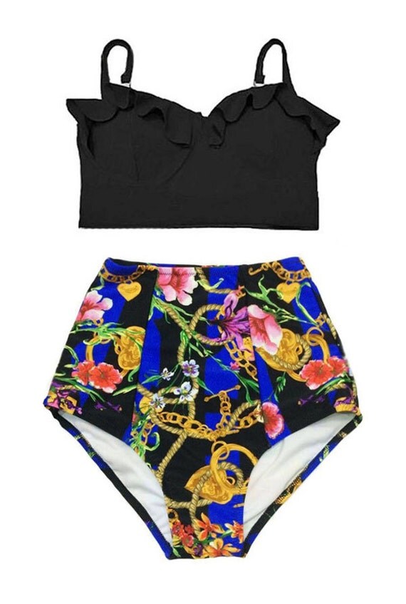 Black Midkini Top and Flower Flora Chain High Waisted Waist