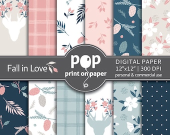 Floral Digital Paper FALL IN LOVE stylish flowers, plaid patterns, romantic pink and blue, fall flowers, deer with flowers, fall pine cones
