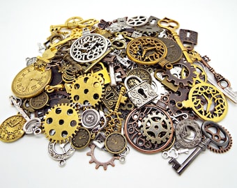 150 Steampunk Charms, Keys and Padlocks, Clocks and Cogs, Metal Charms, Mega Steampunk Pack, Bulk Charms, Steampunk Jewelry, UK Seller