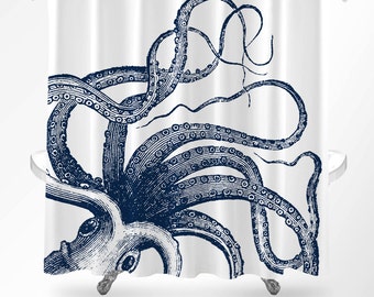 Octopus Shower Curtain, Nautical Shower Curtain, Octopus Bathroom Decor, Shower Curtain Navy, Bathroom Decor, Octopus Bathroom