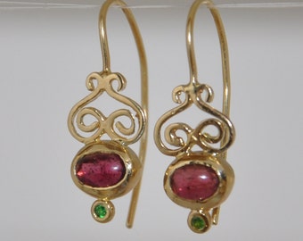 Pink Tourmaline , Pink Tourmaline Earrings , 14k Gold Earrings , 14 k Dangle Earrings ,Yellow Gold Earrings , Solid Gold Earrings ,