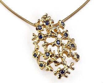 SEA SPRAY Gold Sapphire Pendant Necklace, Blue Sapphire Pendant Necklace, Unique Gold Pendant Necklace, Organic Pendant, Coral Pendant