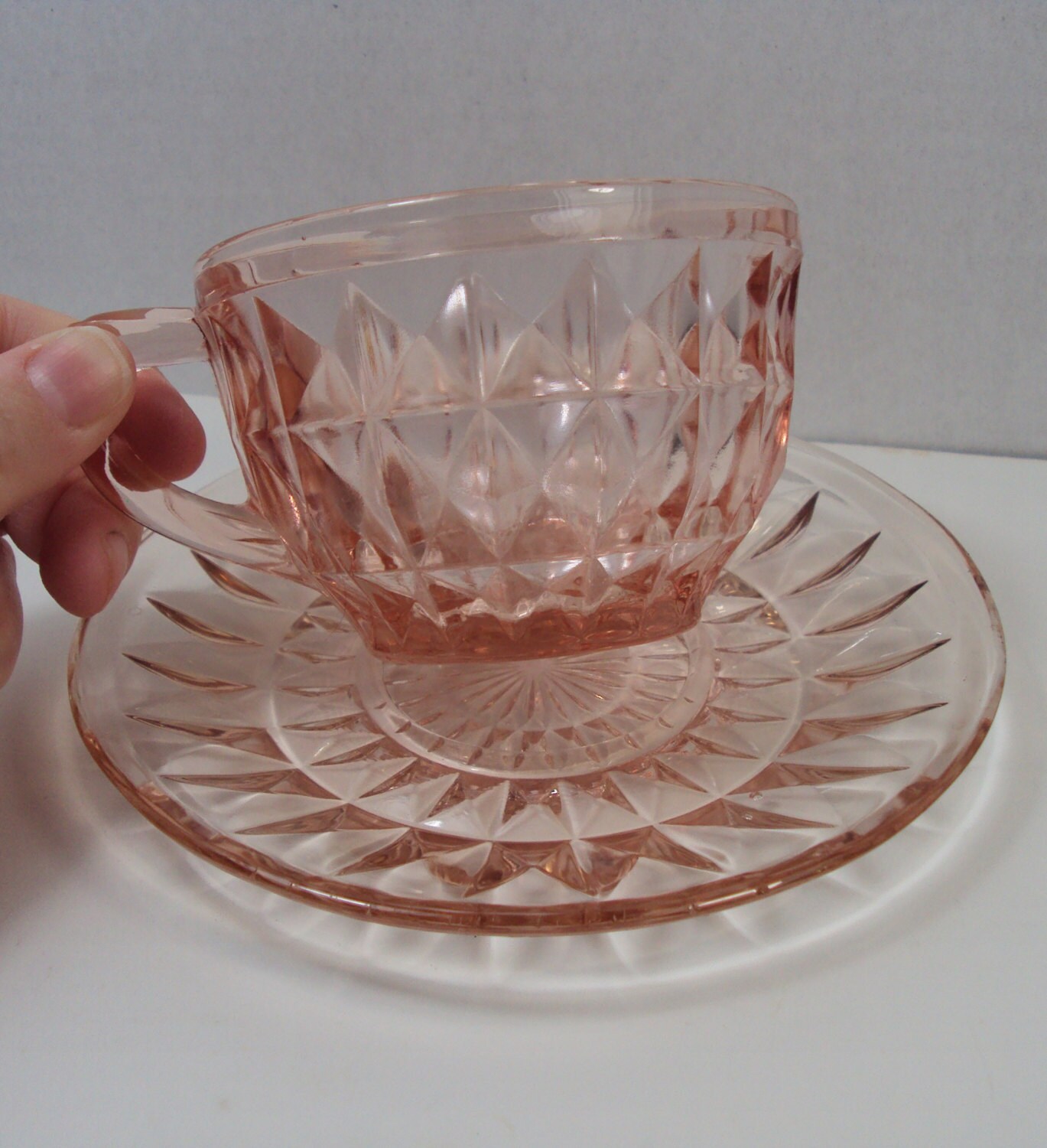 SALE Diamond Pattern Pink Depression Glass Teacup & Saucer