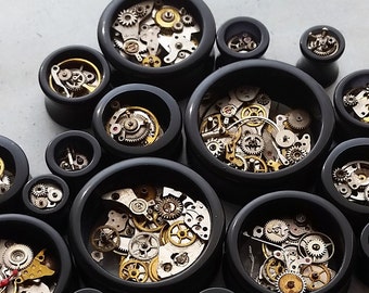 Steampunk Style Cog Plugs / Tunnels Double flare With Brass & Steel Cogs Sizes 8mm / 10mm / 12mm / 14mm/ 16mm/18mm/19mm/22mm/24mm/25mm /30mm