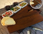 Personalized Bruschetta Bread Board Set including Ceramic Bowls and Bread Knife Engraved with Family Monogram Design Options