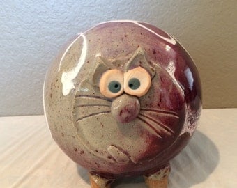 Vintage Collectible Drip Glazed Pottery Cat Face Round Piggy Bank -Excellent Condition