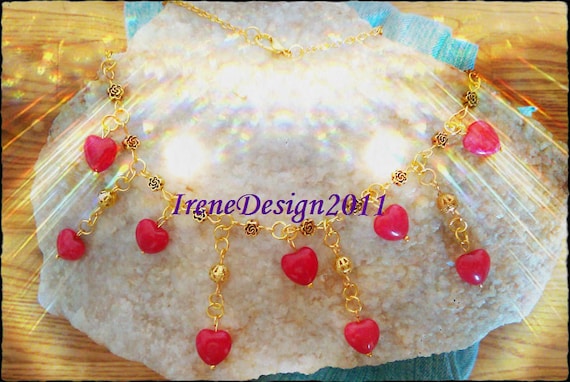 Handmade Gold Necklace with Red Jade Hearts by IreneDesign2011
