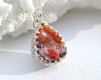 red fire opal necklace silver, rough opal pendant, raw fire opal pendant, unique crystal necklace, mexican fire opal jewelry raw gemstone