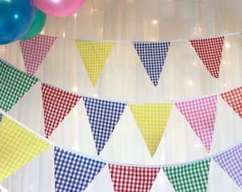 Gingham bunting red yellow green purple orange pink blue flags perfect decoration for baby showers, weddings, parties, BBQs, fetes, fairs