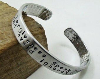 Personalized Cuff Bracelet - Aluminum Hand Stamped Braclet - Hammered on the back - Up to 60 Characters in two lines - Both sides engreved