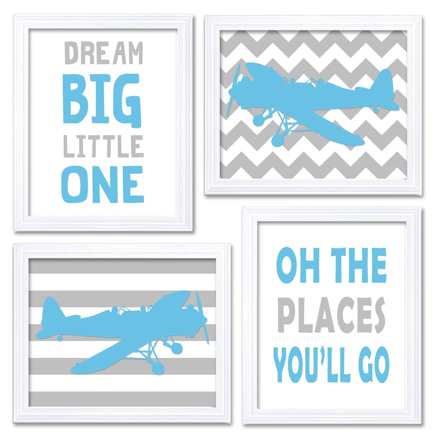 Airplane Nursery Art Baby Blue Grey Nursery Print Set of 4 Transportation Dream Big Little One Oh Th