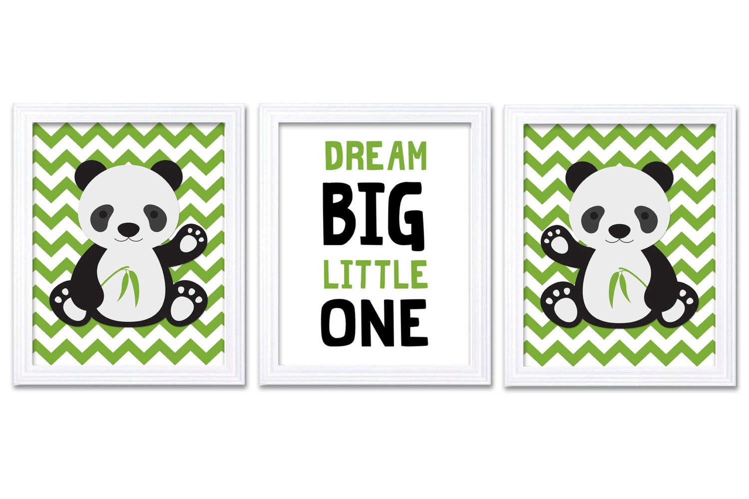 Panda Nursery Art Set of 3 Print Green Black Grey Gray Dream Big Little One Child Kid Room Nursery W