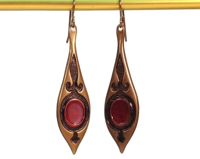 Hand Painted Red & Black Spear Dangle Drop Brass Earrings Nickle Free Ear Wires Hypo Allergenic OOAK, One of a kind