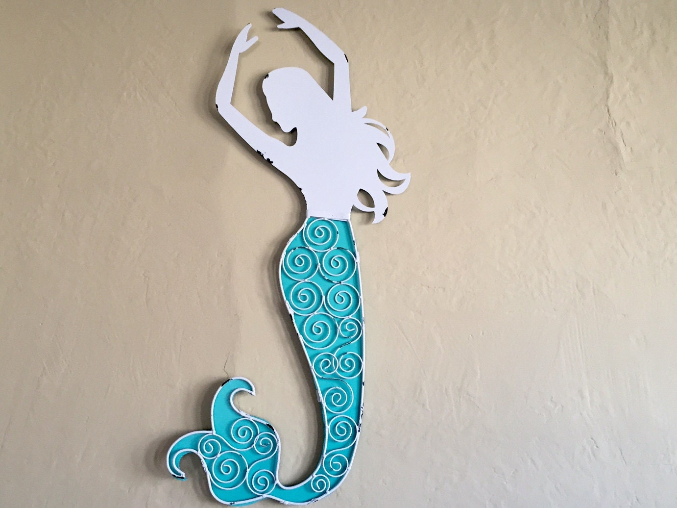 large mermaid wall hanging turquoise and white 2 ft tall