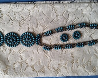 Vintage Silver Plated Statement Turquoise Squash Blossom Necklace Earring Matching Set