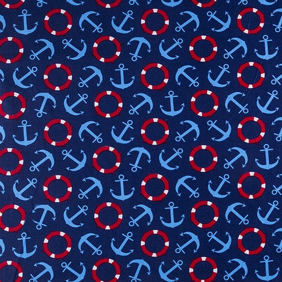 Red white and blue Nautical Anchors and Life Savers fabric