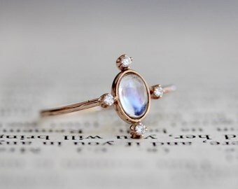 14k Rainbow Moonstone Diamond Ring, Star Ring, Starburst Ring, Statement Ring Rose Gold, Pink Gold, Purple, Blue moonstone, 14k moonstone ri