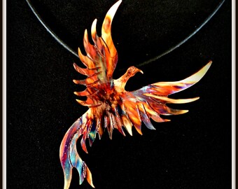 phoenix pendant, phoenix necklace, phoenix rising, phoenix jewelry, firebird, flame painted copper, fire torched copper, statement necklace