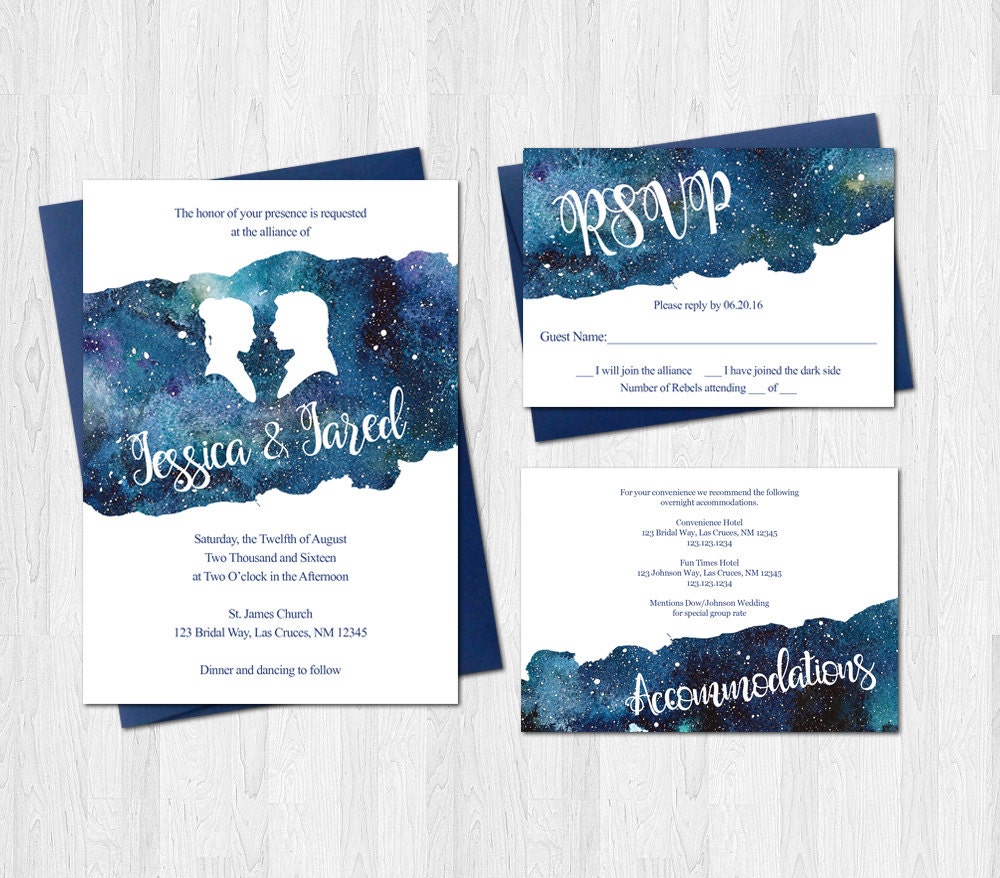 Star Wars Wedding Invitation Suite Set Han and Leia Blue