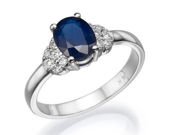 Blue Sapphire Diamond Engagement Ring -White Gold Ring-1 carat Sapphire Engagement Ring -Anniversary present-promised ring-blue st
