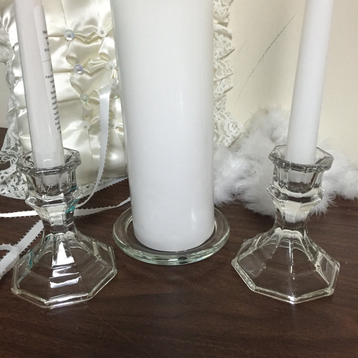 White & crystal CARVED Wedding Unity Candle SET SALE! 