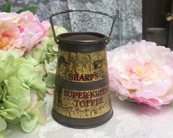 Adorable Antique Sharp's Toffee Tin Litho Box, Milk Churn, Super-Kreem can canister, parrot, Sir Kreemy Knut advertising, yellow, Nursery