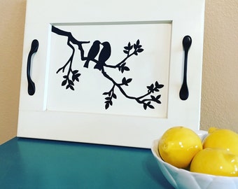 Serving tray, love birds, breakfast tray, cabinet door serving tray, decorative tray, table tray, repurposed cabinet door, cocktail tray