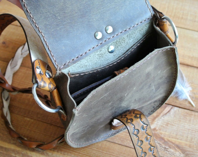 leather boho bag with ornament, Handmade Leather Bag, Bohemian bag, Leather carving bag, Shoulder bag
