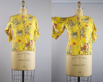 1970s Emanuel Ungaro Parallele Vintage Blouse / Yellow Floral Blouse