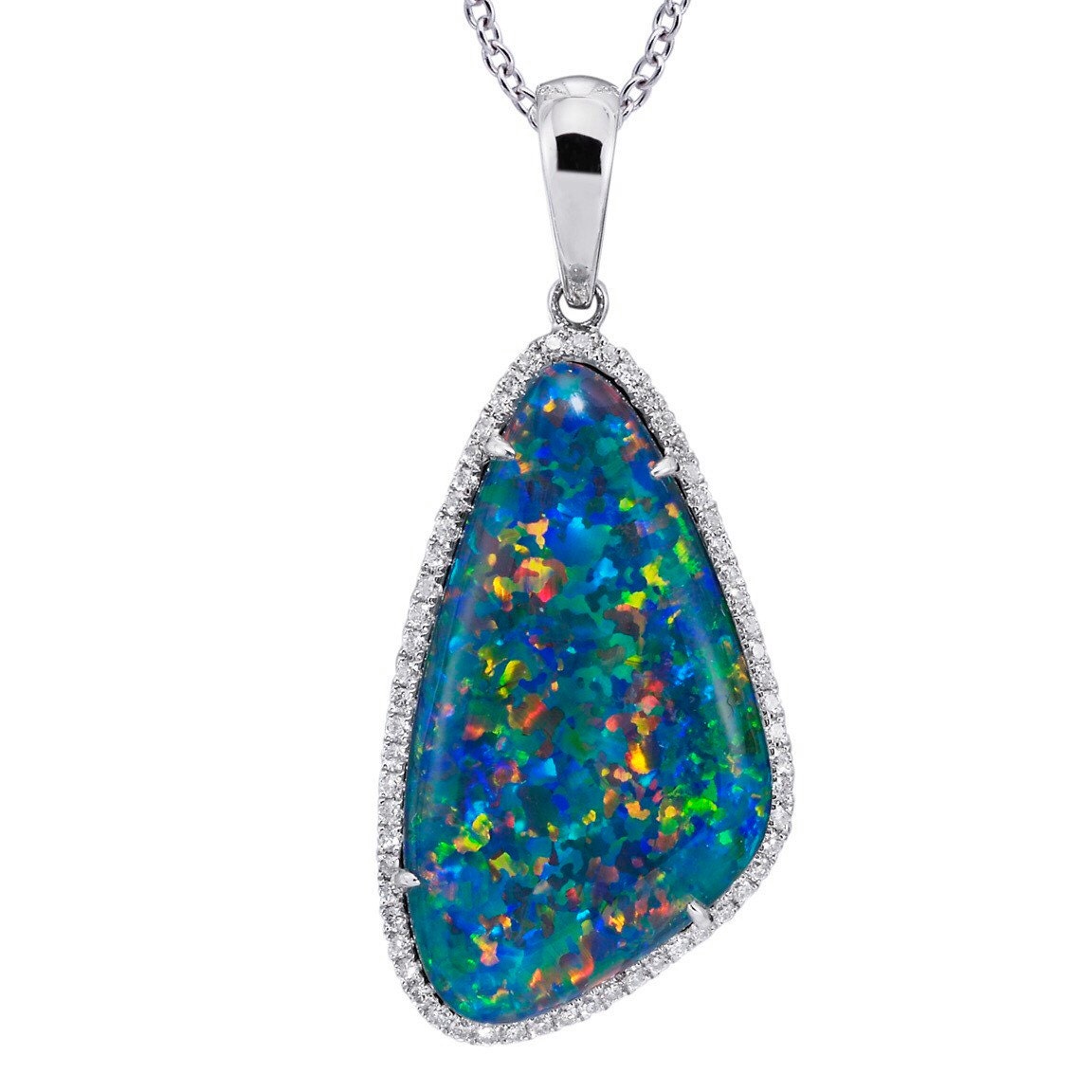 Natural Opal Pendant Necklace 18k White Gold Genuine Diamonds