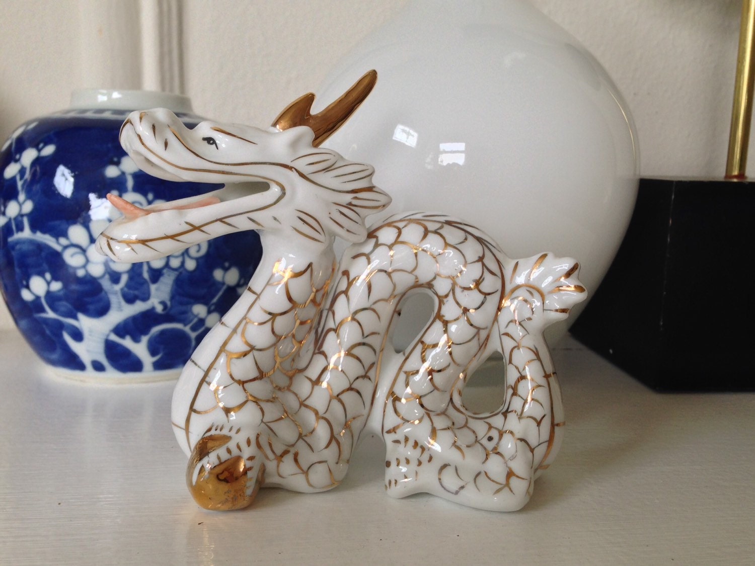 Vintage Asian Ceramic Dragon Figurine White and Gold