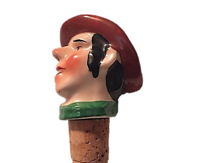 Antique German Bottle Stopper - Pourer - Spout - Antique Figural Collectors Cork Decorative Porcelain Hand Painted - 1940s Barware