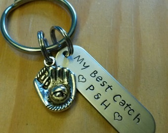 Hand Stamped My Best Catch Keychain - Baseball Keychain - Boyfriend Keychain - Anniversary Gift